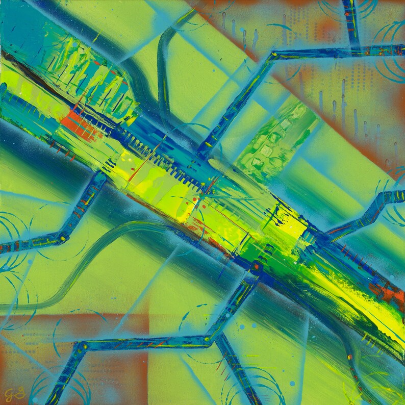 May include: Abstract painting with a vibrant green background and blue, yellow, and red lines. The lines create a geometric pattern that resembles a network or a map.
