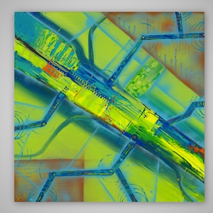May include: Abstract painting with a bright green background and blue, yellow, and orange lines. The lines are thick and bold, creating a sense of movement and energy.