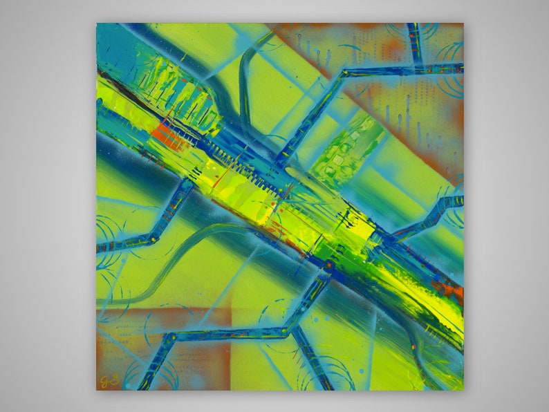 May include: Abstract painting with a bright green background and blue, yellow, and orange lines. The lines are thick and bold, creating a sense of movement and energy.