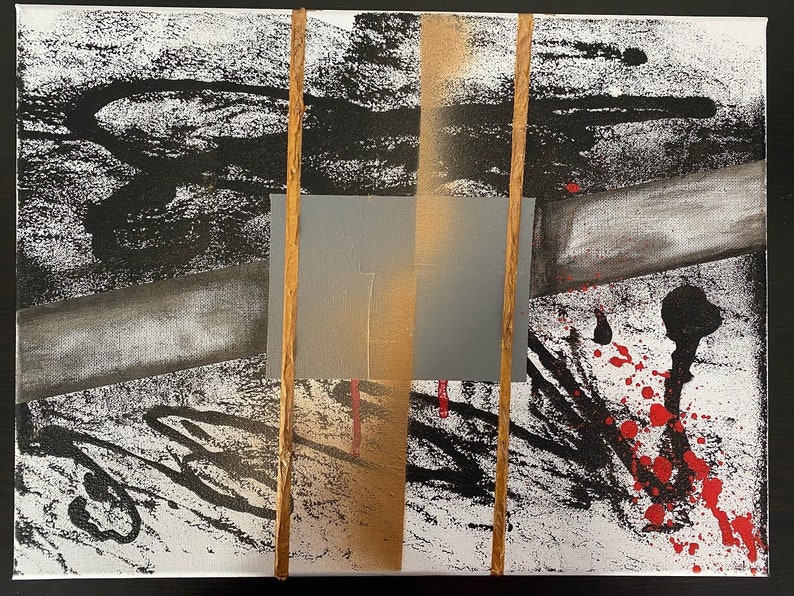 May include: Abstract painting on canvas with black, white, gray, red, and brown paint. The painting is divided into sections by brown lines.