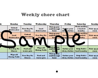 May include: A weekly chore chart for a teen and child. The chart is divided into days of the week and lists chores for each day. The chores include unloading the dishwasher, gathering dirty clothes, and picking up the room.