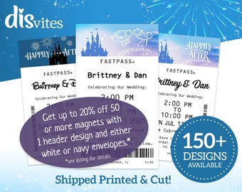 Exclusieve magneetbundel tot 20% korting - Kies 1 koptekst 1 envelopkleur voor Disney FastPass Save the Dates met een magnetische achterkant