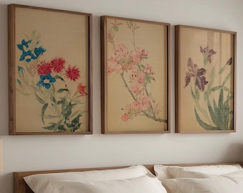 Chinoiserie Triptych Wall Art: Botanical Flower Prints, Japandi Decor