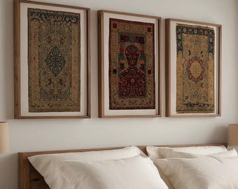 Vintage Persian Rug Wall Art Set of 3, Vintage Tapestry Print, Antique Rug Print Design, Textile Wall Art, Printed Wall Art