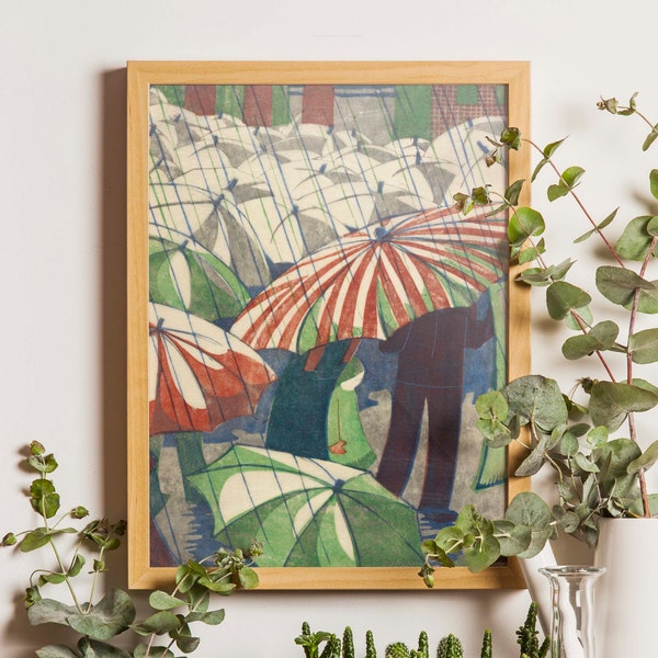 Vintage Lino Print, Vintage plakat, Art Deco Print, Umbrella Print, Linoryt Print, Ethel Spowers, Wall Art, Art Deco Print, 1930 art, Rain