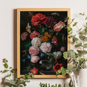 Niederländischer Blumenstillleben botanischer Druck, Blumenplakat, antikes botanisches, Blumendruck, Rosen-Druck, botanische Kunst, dunkle Blumenkunst, Blumen