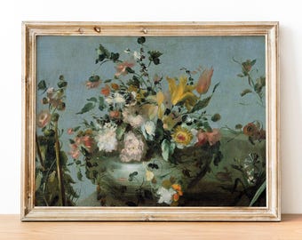 Vintage Floral Painting Art Print: Moody Still Life Home Decor
