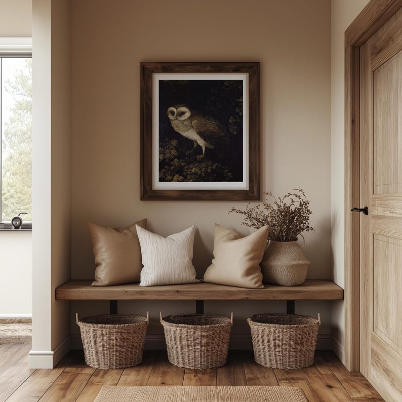 Antique painting of an owl by Moses Haughton featuring detailed feathers and a natural history illustration style.