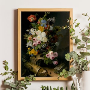 Blumen Stillleben Vintage Druck, Stimmungsvolle Malerei, Dunkel Blumen Stillleben Ölgemälde, Vintage Blumen Malerei, Blumen Druck, Vintage Print