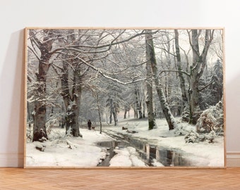 Art mural peinture hiver vintage, art mural paysage d'hiver enneigé, peinture antique neutre, peinture forêt de campagne hiver rustique vintage