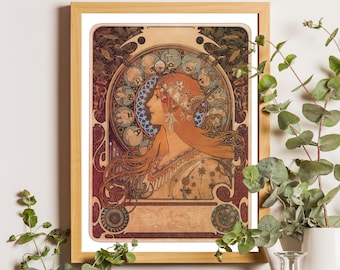 May include: A framed art print featuring a profile illustration of a person with long flowing hair, adorned with a decorative headpiece. The central figure is surrounded by a circular zodiac motif in shades of deep red, gold, and cream.