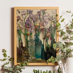 Vintage floral art print reproduction of Frederick Judd Waugh’s 1922 painting Rum Row, featuring an elegant still life arrangement of flowers in classic vases. The artwork showcases soft painterly brushstrokes, muted antique tones, and timeless botanical composition, styled as traditional wall art suitable for living rooms, bedrooms, or vintage-inspired home decor.