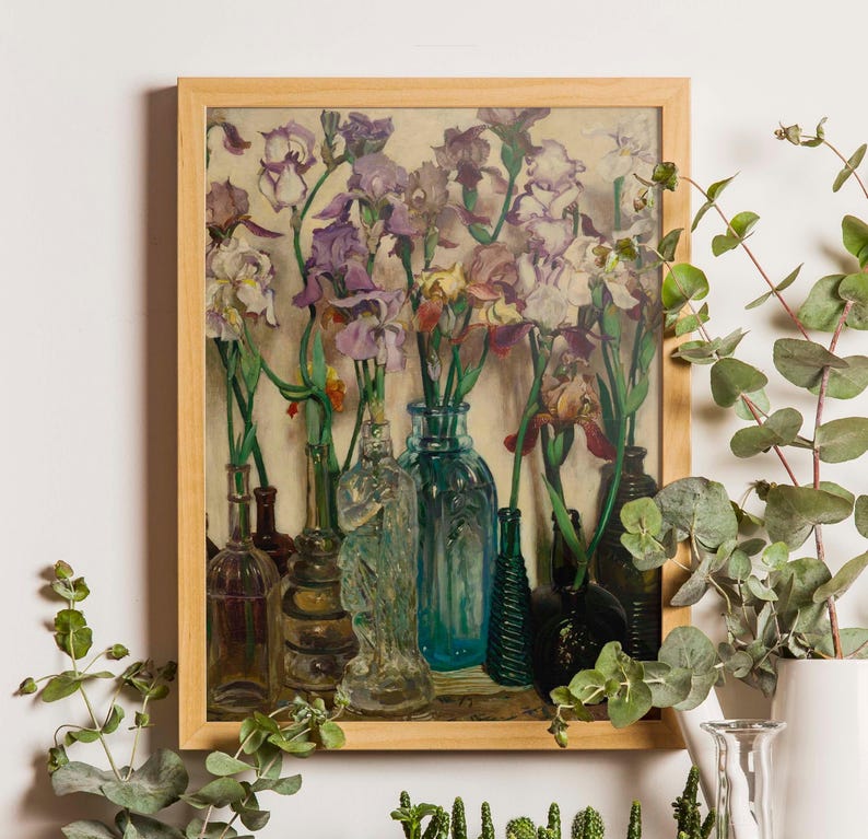 Vintage floral art print reproduction of Frederick Judd Waugh’s 1922 painting Rum Row, featuring an elegant still life arrangement of flowers in classic vases. The artwork showcases soft painterly brushstrokes, muted antique tones, and timeless botanical composition, styled as traditional wall art suitable for living rooms, bedrooms, or vintage-inspired home decor.