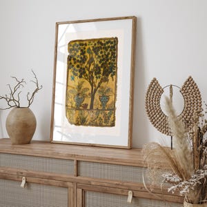 Tree of Life art print inspired by antique Persian garden painting with birds, botanical foliage, and symbolic nature imagery.