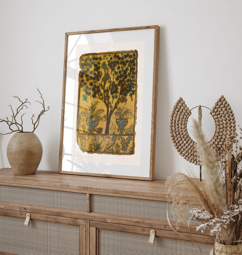 Tree of Life art print inspired by antique Persian garden painting with birds, botanical foliage, and symbolic nature imagery.