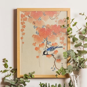 Póster japonés vintage, impresión japonesa, arte japonés: «Pajarito azul en ramas otoñales» - Impresión Ohara Koson, póster ukiyoe, arte de aves