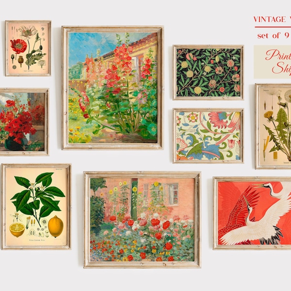 Vintage Eclectic Gallery Wall Set of 9, Colorful Wall Art, Vibrant Colors, Eclectic Home Decor, Farmhouse Gallery Wall Set, PRINTED SET