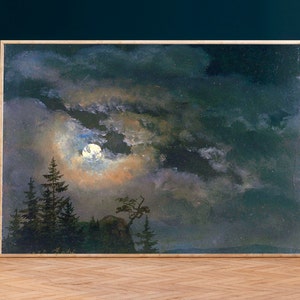 Vollmond Nachthimmel Vintage Malerei, Stimmungsvoller Dunkler Cottagecore Dekor, Stimmungsvolle Landschaftsmalerei, Vintage Kunst, Mondlicht Malerei,Gedruckt