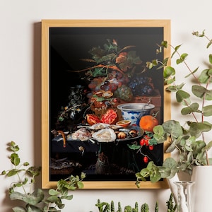 Abraham Mignon Druck, Stillleben mit Obst, Austern, Dark Art Poster, Giclee Fine Art Print, Schlafzimmer Dekor, Blumen und Früchte Art Poster