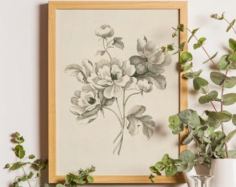 Vintage Flower Sketch Print, Botanical Drawing, Farmhouse Decor