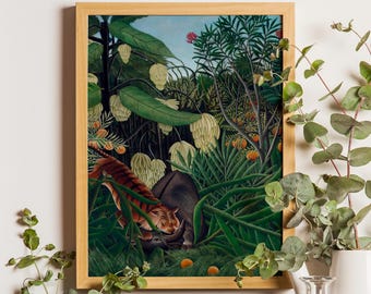 Henri Rousseau Tiger vs Buffalo Art Print, Botanical Jungle Wall Art