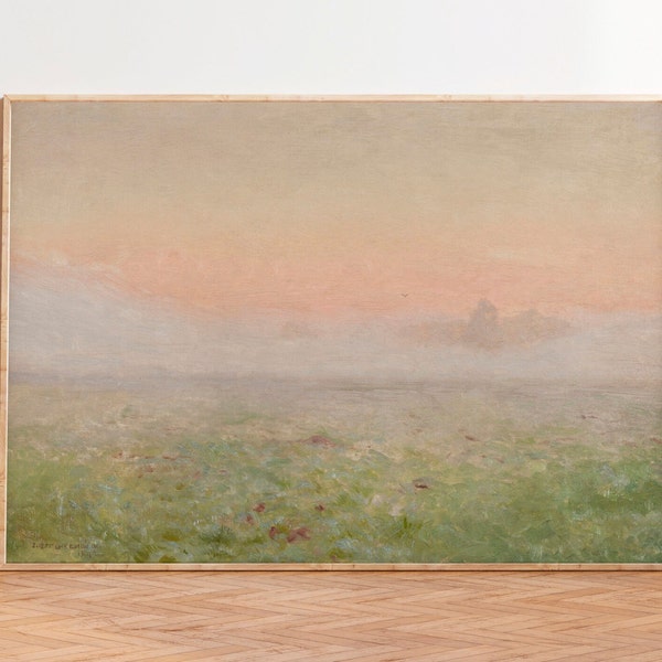 Dawn Painting, Vintage Meadow Country Cottage Landscape Abstract Garden Painting, Wildflowers Pastel Sunset Oil Painting, Meadow Print