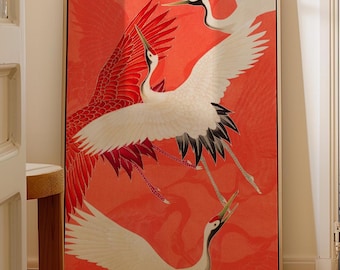 Japanese Crane Wall Art Red White Bird Illustration Asian Oriental Decor Print Elegant Nature Poster Zen Home Minimalist Artwork