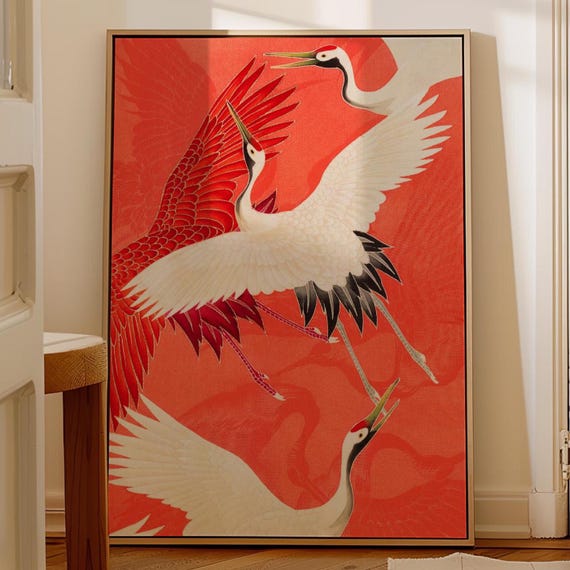 Japanese Crane Wall Art Red White Bird Illustration Asian Oriental Decor Print Elegant Nature Poster Zen Home Minimalist Artwork
