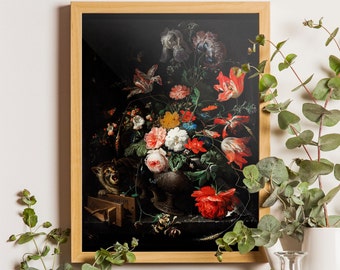 Impression d'Abraham Mignon, Le bouquet renversé par Abraham Mignon, Affiche d'art floral foncé, Néerlandais Floral, Giclee Fine Art Print, Décor de chambre à coucher