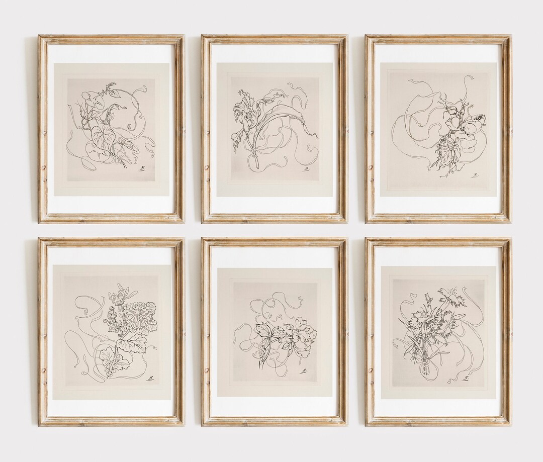 Minimalist Flower Sketch Wall Art, Botanical Print Set of 6, Vintage