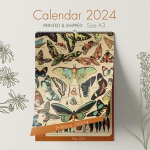 2024 Botanical Wall Calendar, Millot Calendar 2024, A3 Calendar, Kitchen Calendar, Botanical Calendar, Animals and Flowers, Millot Butterfly