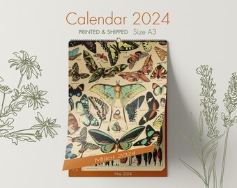 Calendrier mural botanique 2024, calendrier Millot 2024, calendrier A3, calendrier de cuisine, calendrier botanique, animaux et fleurs, papillon Millot