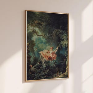 Fragonard The Swing Jean-Honoré Fragonard 1767 French Rococo masterpiece giclée print, gold float frame, hung on cream wall with dappled natural sunlight shadow, Wallace Collection London reproduction, romantic coquette chateaucore wall art