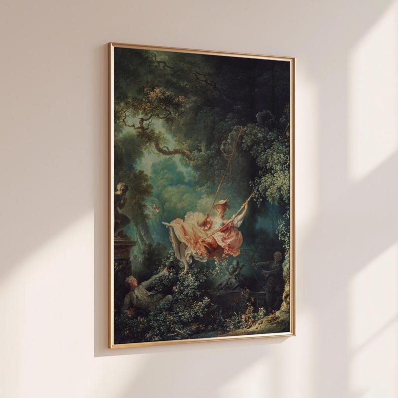 Fragonard The Swing Jean-Honoré Fragonard 1767 French Rococo masterpiece giclée print, gold float frame, hung on cream wall with dappled natural sunlight shadow, Wallace Collection London reproduction, romantic coquette chateaucore wall art