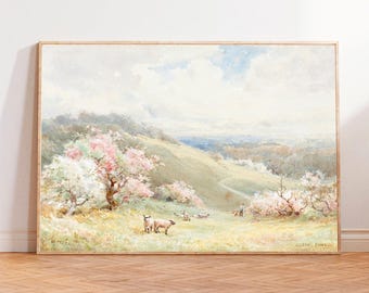 Vintage Spring Landscape Painting, Pink Blossoms, Sheep Art Print