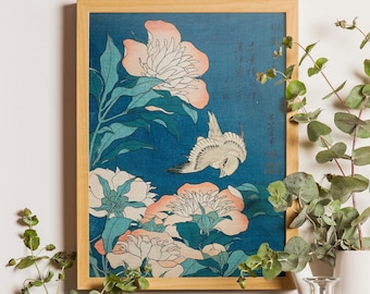 Canary and Peonies 1834, Katsushika Hokusai Print, Ukiyo-e Poster, Japanese Wall Art, Hokusai Poster Japanese Decor Japanese Print Gift Idea