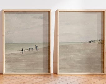 Muted Beach Prints Set of 2, Vintage Coastal Wall Art