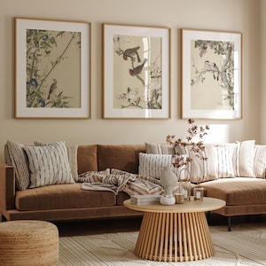 Arte mural de pájaros, arte mural de flores, galería chinoiserie, conjunto de 3 pósteres, tríptico, impresión de arte chino, impresión vintage, impresión chinoiserie