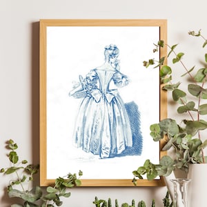 Woman with Flowers Blue Wall Art, French Girl Painting, Lady Portraits, Women Sketch Art, Figure Sketch Print, Blue and White Wall Art