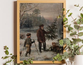 Vintage Christmas Tree Painting: Rustic Winter Forest Art Print