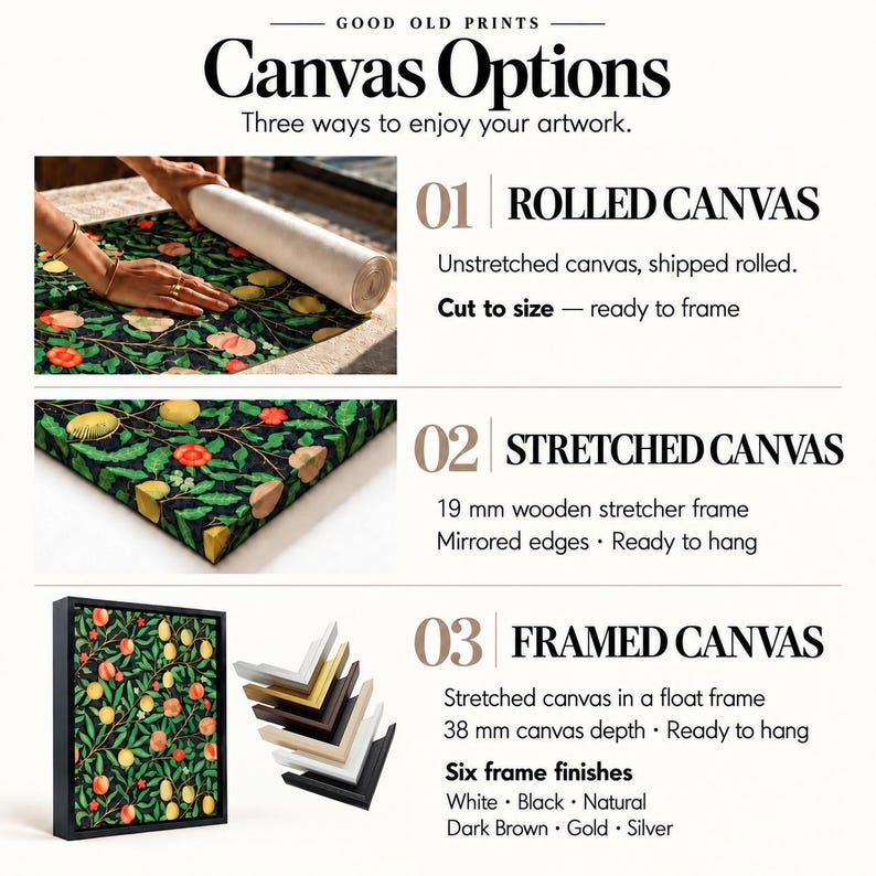 The image is a visual guide to different canvas options for artwork, including rolled, stretched, and framed canvas. It provides a step-by-step process of creating a canvas, with images of hands working with each type of canvas.