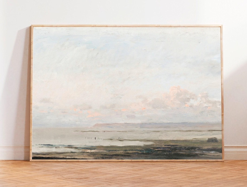 Vintage Seascape Painting: Neutral Coastal Art Print image 1