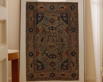 Antique Persian Rug Print, Vintage Beige Blue Islamic Carpet Framed Wall Art, Boho Rustic Tapestry Cottagecore Decor, Printed Wall Art
