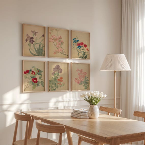 Chinese Botanical Prints Set, Vintage Asian Wall Art