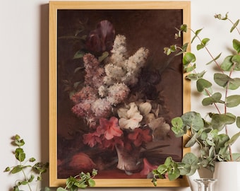 Vintage Lilac & Rose Still Life Painting, Moody Floral Print