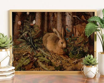 Rabbit painting art print, Rabbit poster, Animal art, Antique forest oil painting, Vintage woodland decor, Magical nature, Enchanted forest