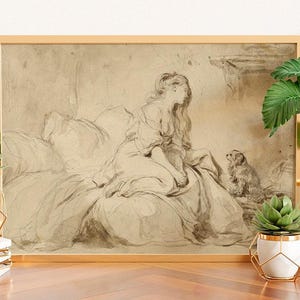 Vintage Woman and Dog Sketch Print: French Sepia Art