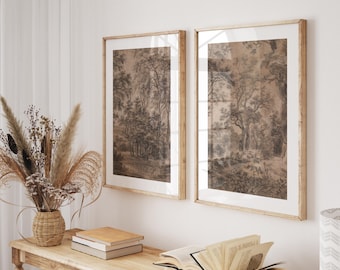 Vintage Woodland Landscape Print SET OF 2: Rustic Cottagecore Decor