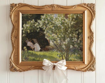 Woman Reading Floral Print: Antique White Roses Painting, Farmhouse Decor
