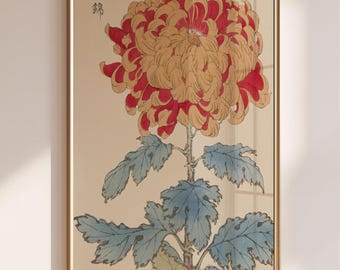 May include: Framed botanical print featuring a large, stylized chrysanthemum. The flower has red and gold petals, blue-green leaves, and a stem. The print is in a gold frame and includes Japanese text in the upper left corner.